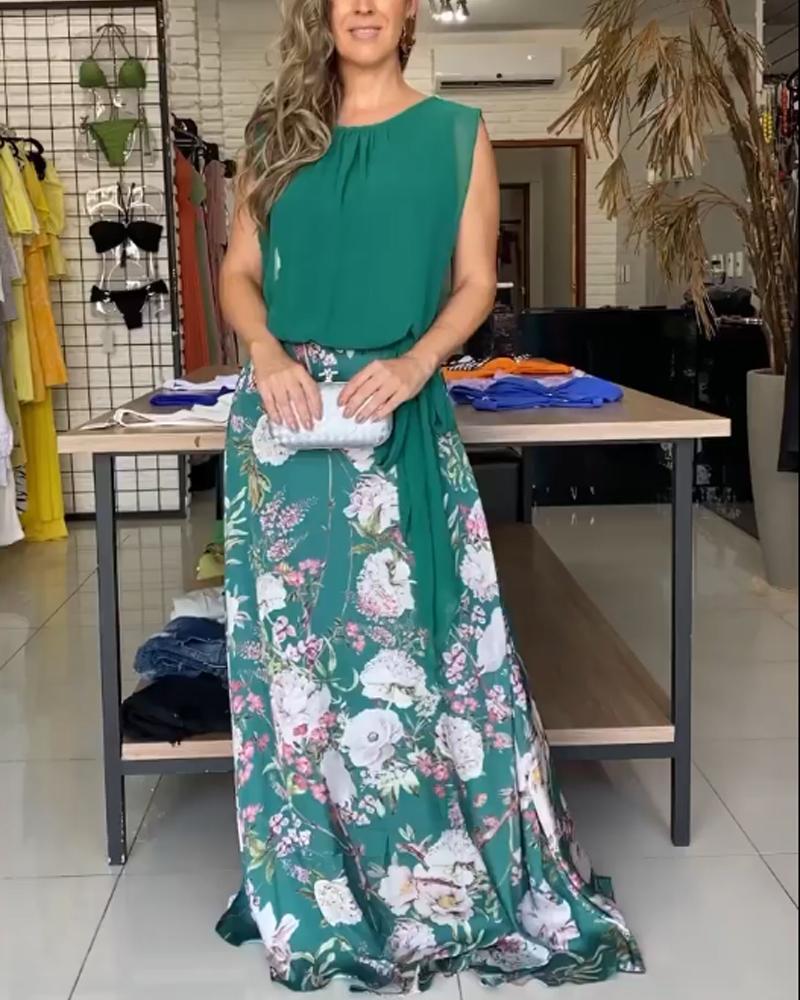 Sleeveless Chiffon Top Printed Long Skirt Suit