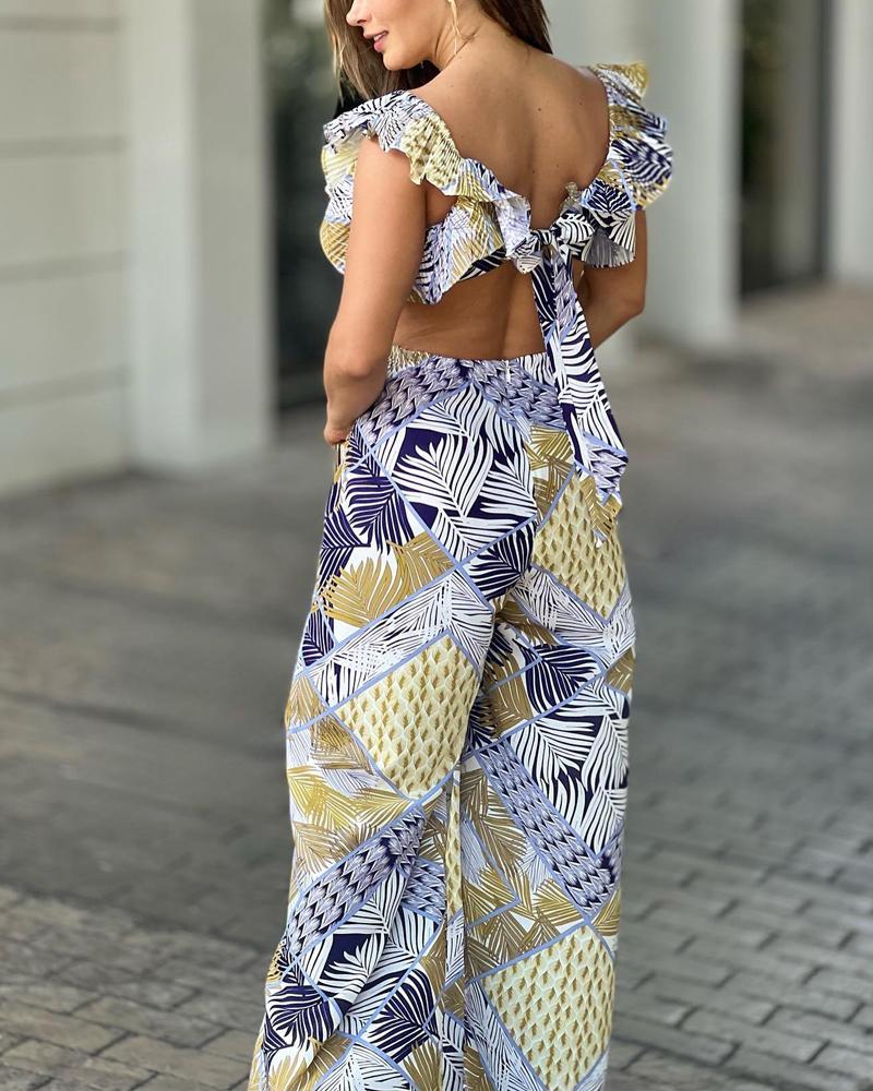 Lotus Leaf Collar Print Waist Jumpsuit