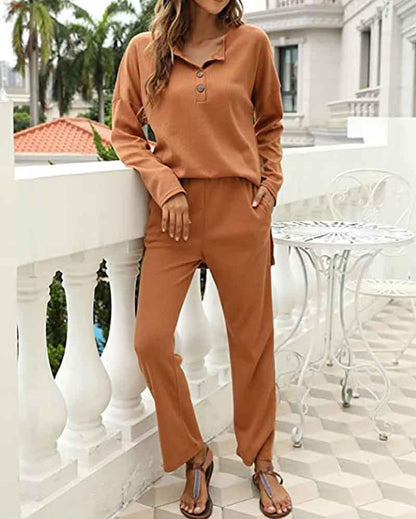 Long-sleeved button-up top & pants set