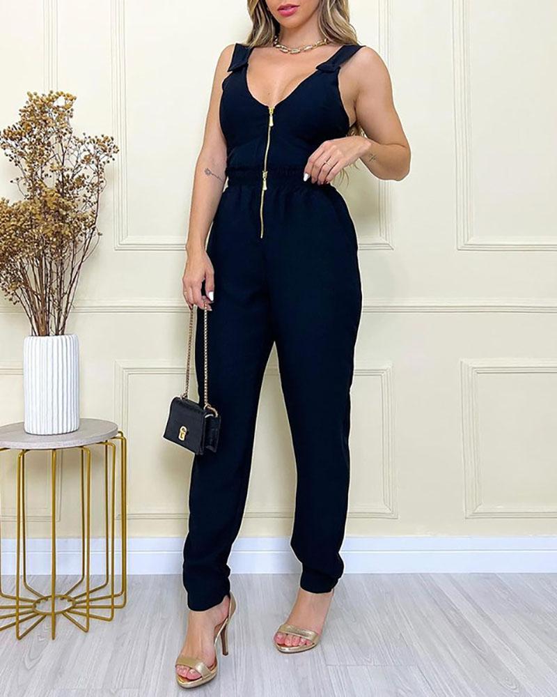 V Neck Zipper Cropped Tank Top & High Waist Pants Set