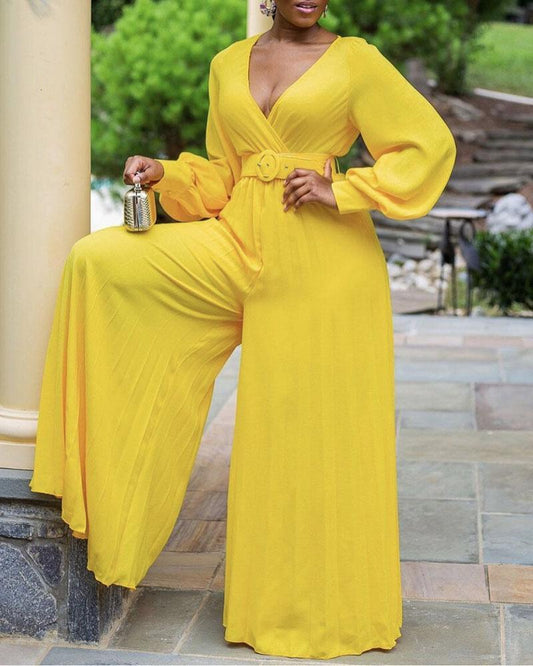 Stylish Solid Color Wide Leg Pleated Jumpsuit