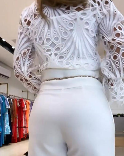 Stylish suit of lace shirt & straight-leg pants