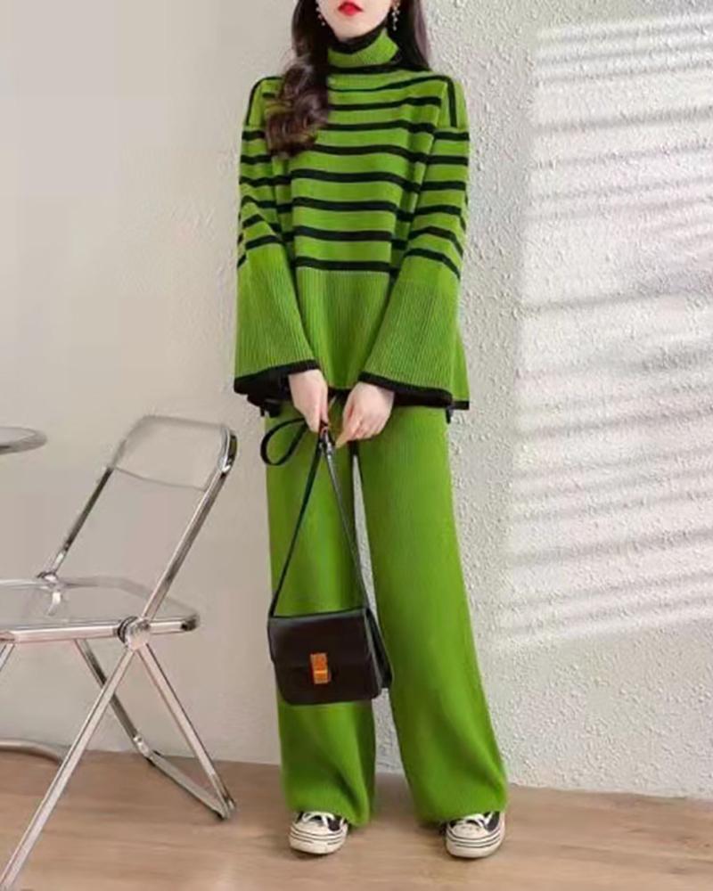 High-neck knitted sweater + high-waist straight-leg wide-leg pants two-piece set