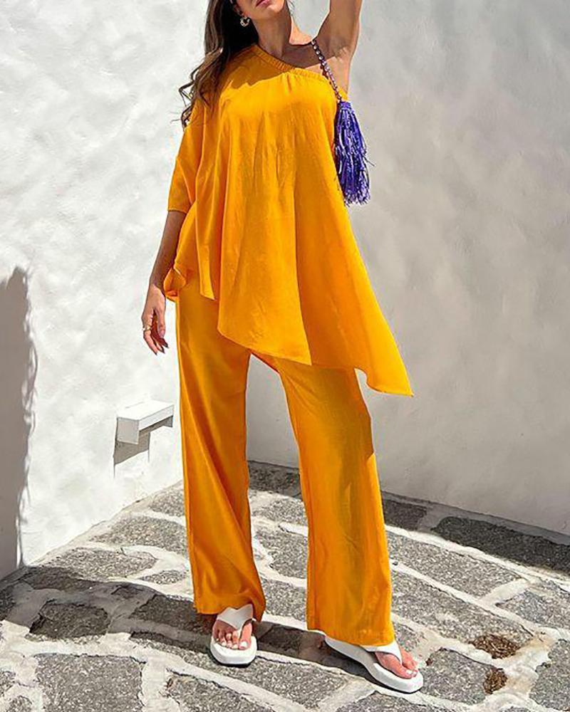 Solid color sloping shoulder one-sleeve top & pants set