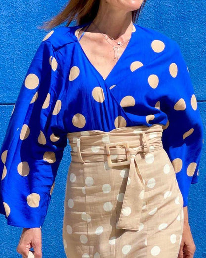 Polka Dot Two-Piece Set with V-Neck Long Sleeve Top & High Waist Skirt