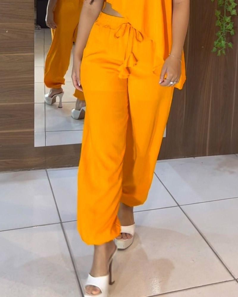 One-Shoulder Top Solid Color Pants Set