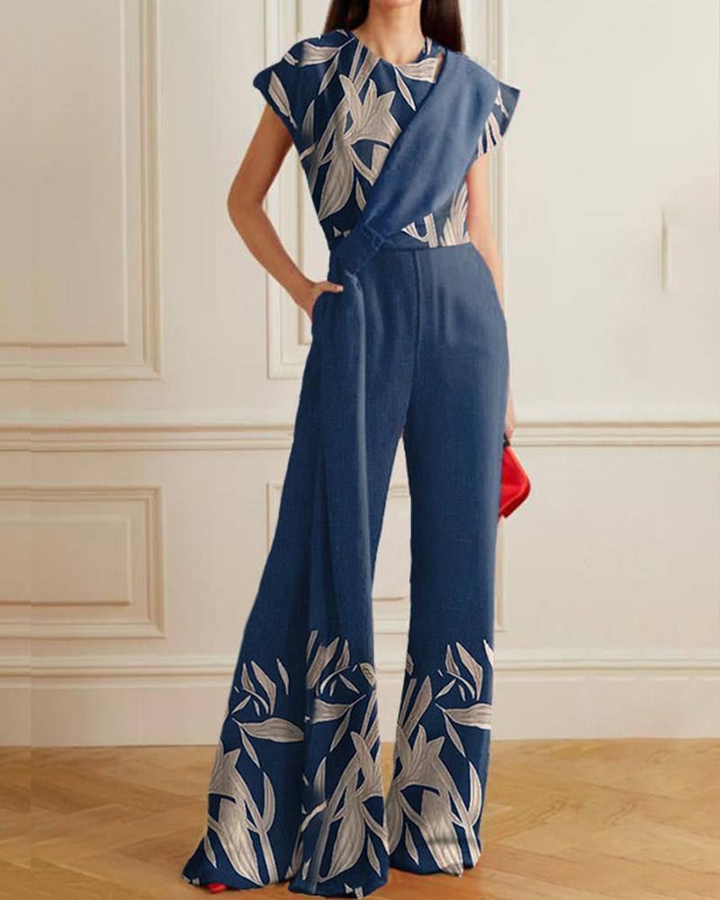 Fashion Crew Neck High Waist Casual Print Jumpsuit