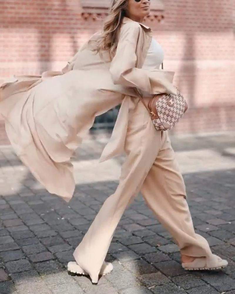 Solid Color Long Shirt Geometric Straight Trousers Set