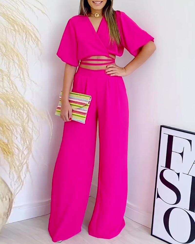 Solid color V-neck short-sleeved shirt high waist wide-leg pants suit