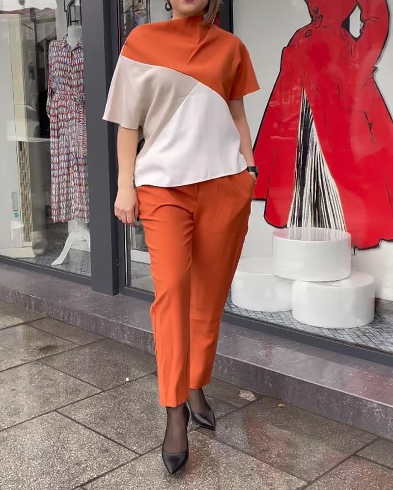 Two-piece set of casual colorblock top & slacks