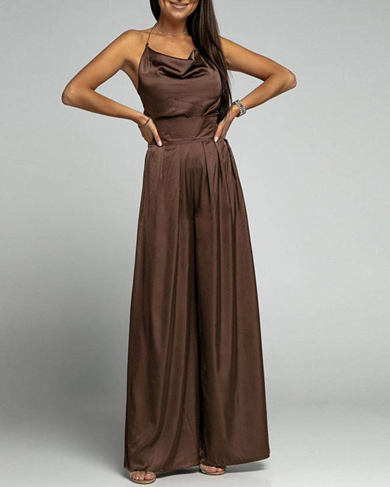 Satin Solid Color High Waist Wide Leg Jumpsuit