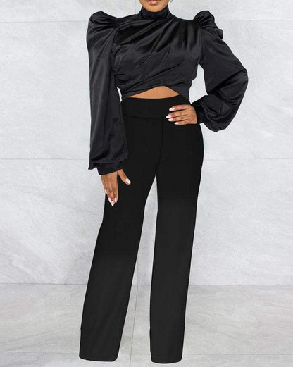 Turtleneck Puff Sleeve Top + Pain Relief Pants Set