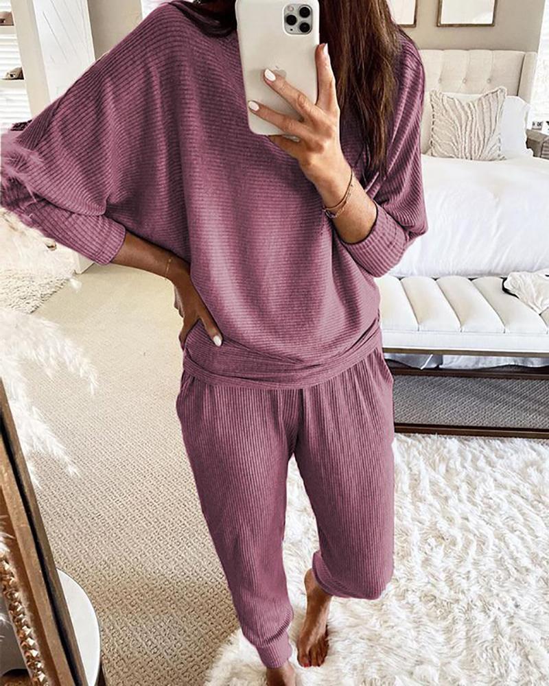 Casual Loose Solid Color Long-sleeves Knitted Set