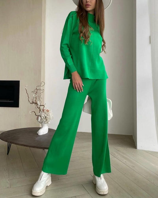 Half High Neck Side Split Top Pants Knit Set