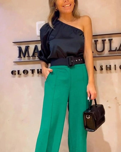 Fashion One Shoulder Top Suit Pants Set