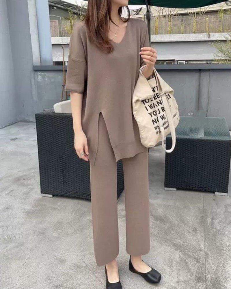 Loose V-Neck Casual Knit Two-Piece Set