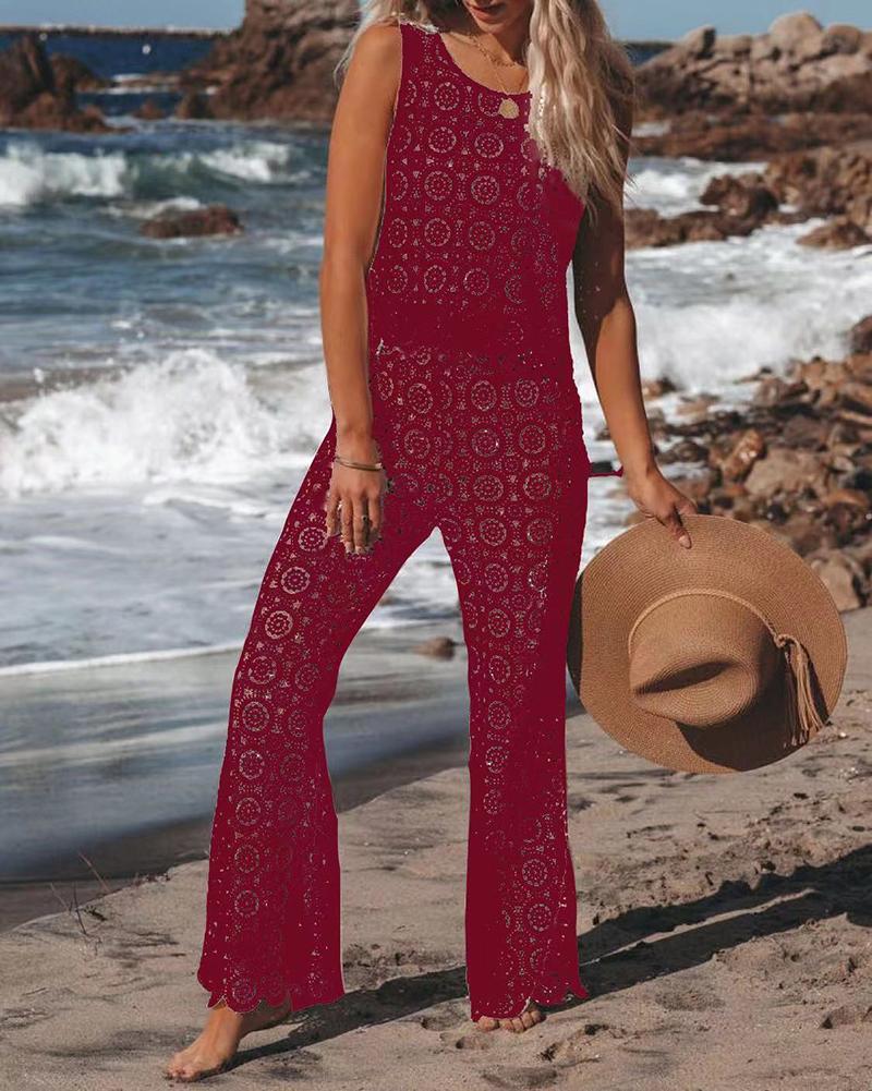 Sexy Hollow Lace Vest + Pants Two-piece Set