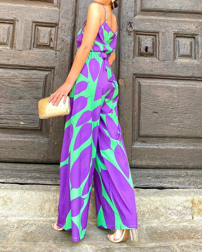 Leaf Print Wide-leg Jumpsuit