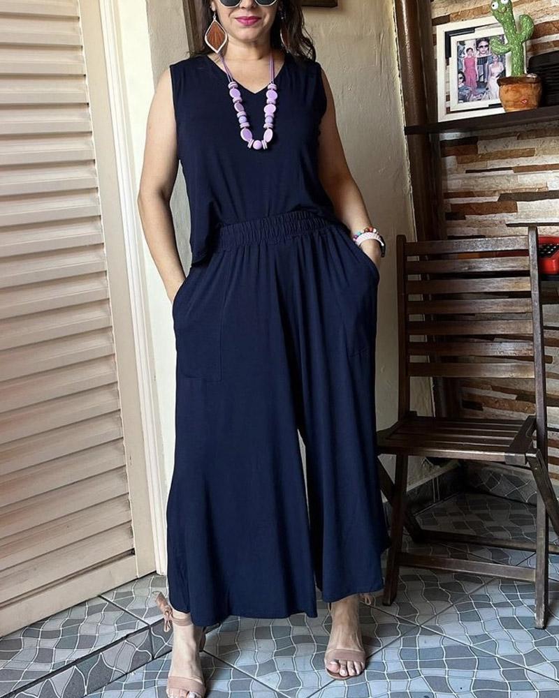 Solid Color Sleeveless Jacket Wide Leg Pants Set