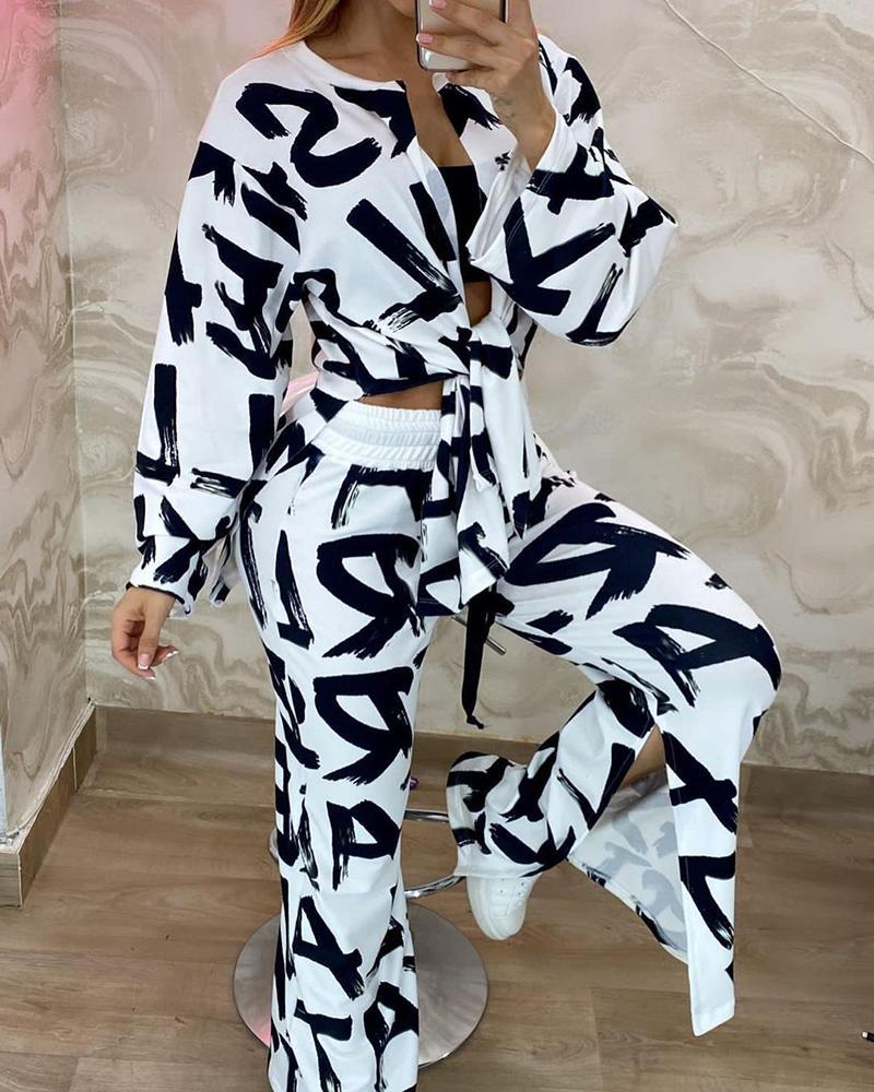 Letter print long-sleeve shirt & trousers two-piece set