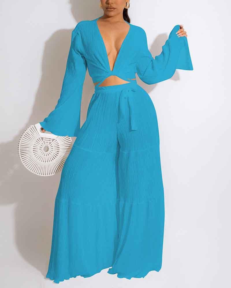 Flared Sleeve Lace-Up & Wide Leg Pants Set