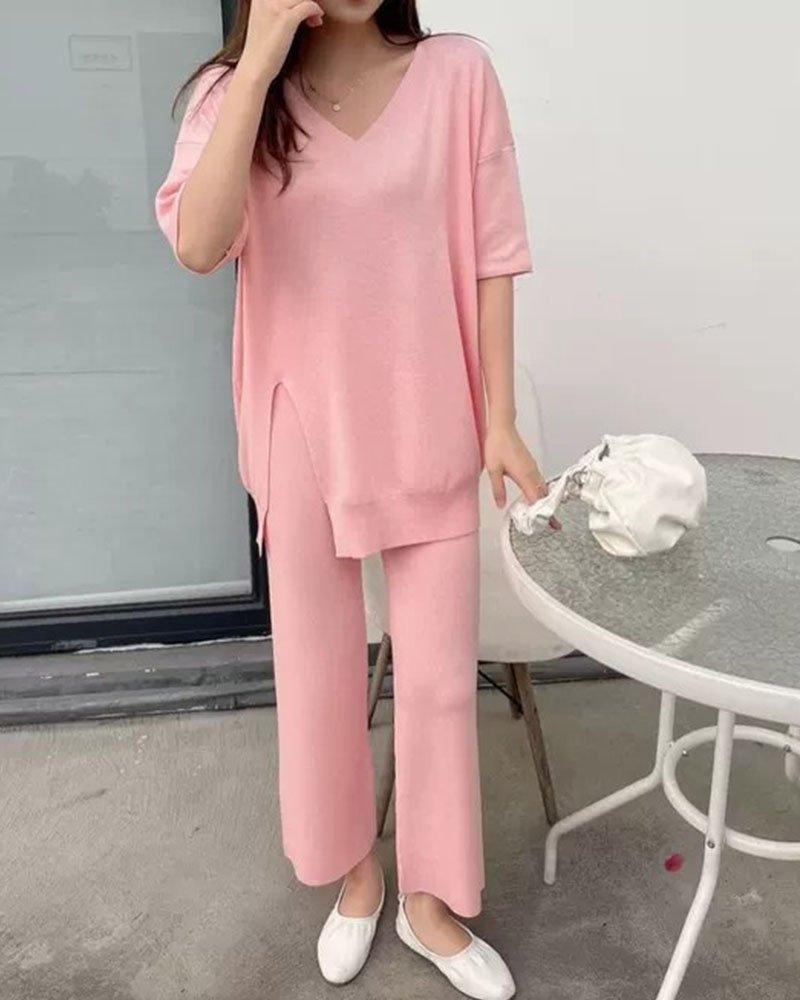 Loose V-Neck Casual Knit Two-Piece Set