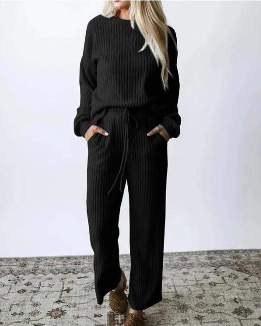 Solid color pitted knit two-piece suit