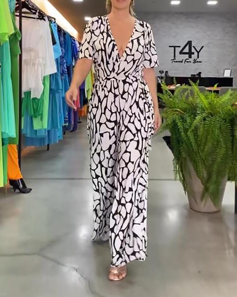 V-neck lace-up printed jumpsuit