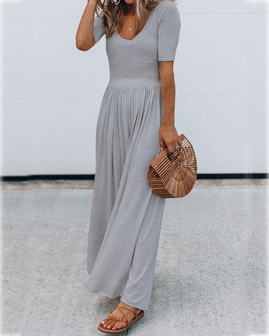 New Round Neck Short Sleeve Long Jumpsuit