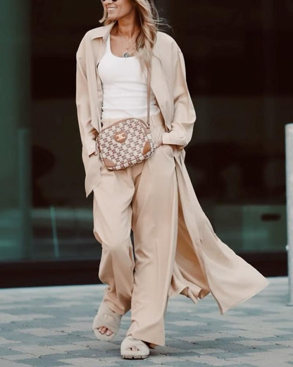 Solid Color Long Shirt Geometric Straight Trousers Set