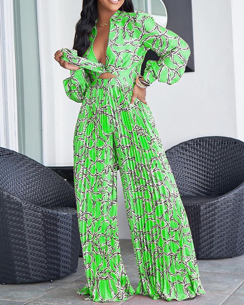 Printed Two-Piece Set of Trendy Long Sleeve Shirt & Pleated Wide Leg Pants