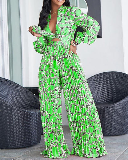 Printed Two-Piece Set of Trendy Long Sleeve Shirt & Pleated Wide Leg Pants