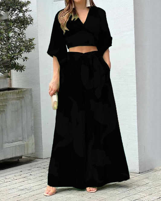 V-Neck Balloon Sleeve Cropped Top & High Waist Wide Leg Pants Two Piece Set