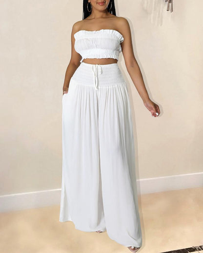 Solid Color Set of Casual Tube Top & Wide Leg Pants