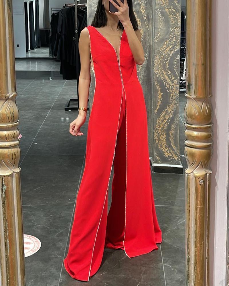 Fashion V-Neck Slit Top Straight Pants Set