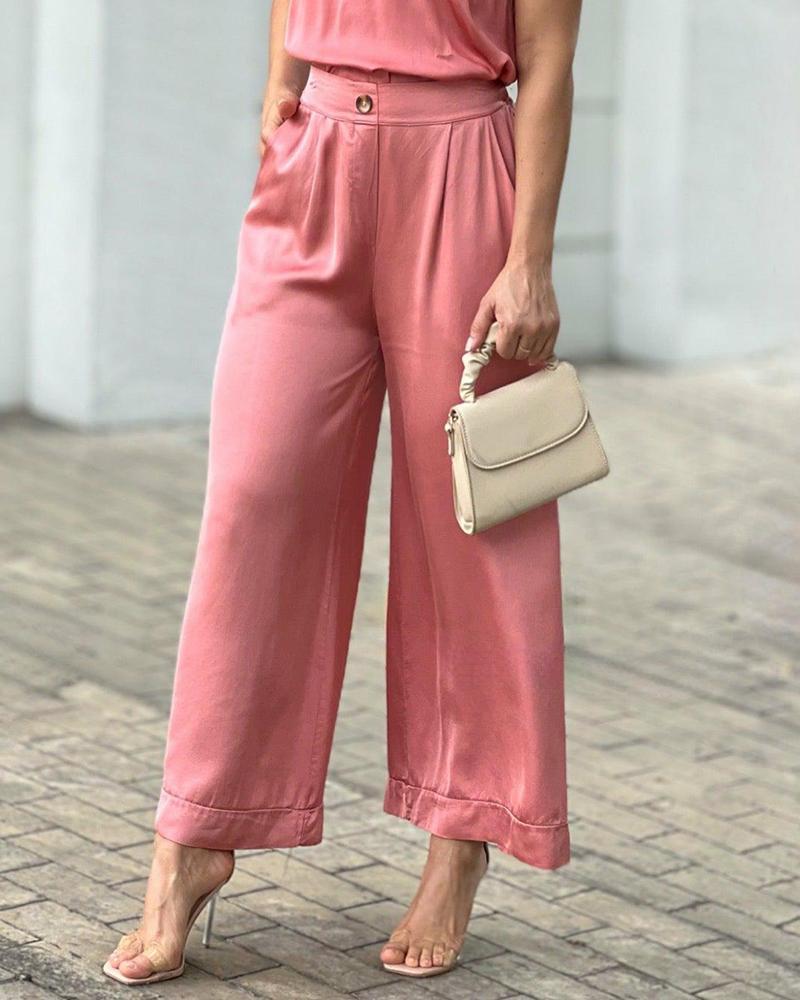 Solid color two-piece suit of V-neck camisole + trousers