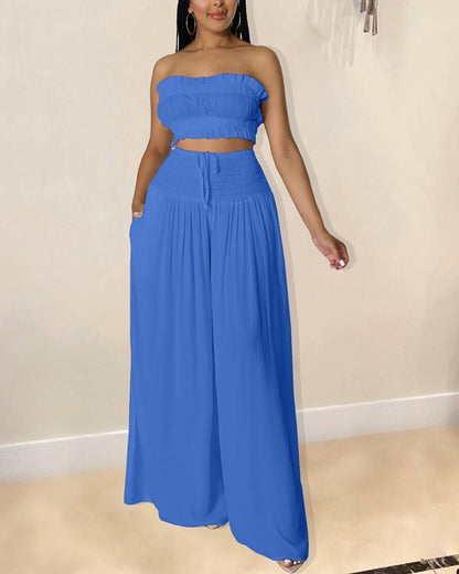 Solid Color Set of Casual Tube Top & Wide Leg Pants