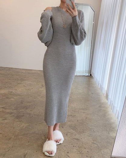 Temperament Round Neck Knitted Dress Two-Piece Set