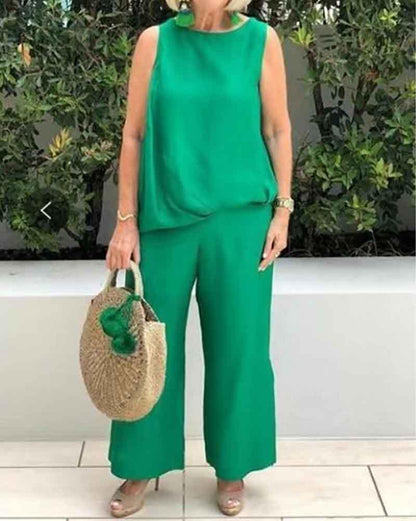 Trousers + sleeveless round neck top two-piece set