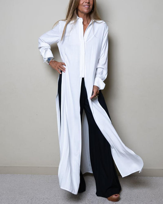 Solid Color Side Split Long Shirt Straight Trousers Set