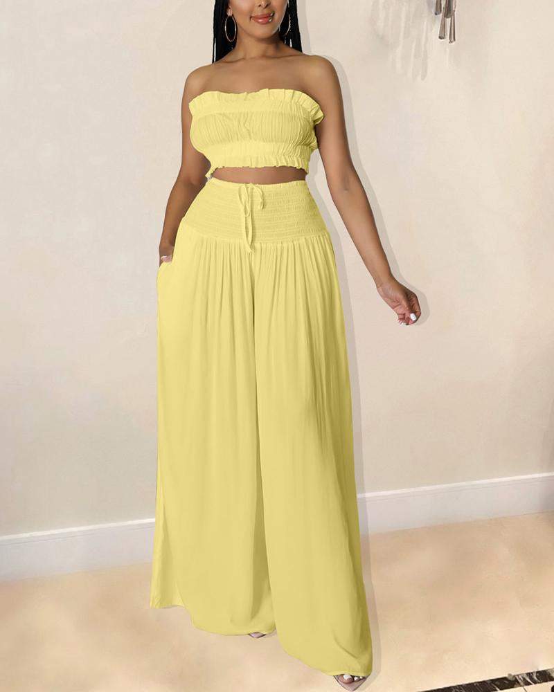 Solid Color Set of Casual Tube Top & Wide Leg Pants