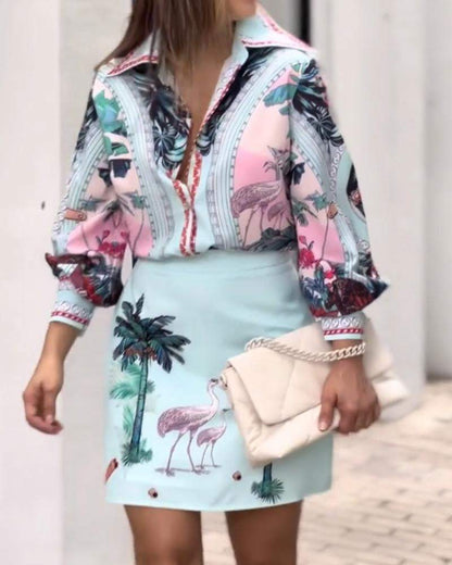 Printed Shirt Top Mini Skirt Suit