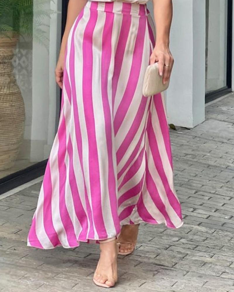 Suspender Top Striped Maxi Skirt Suit