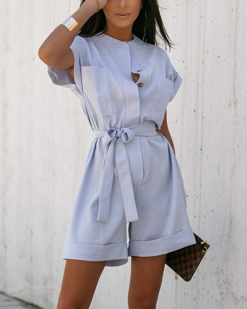 Linen Cotton Single Breasted Jumpsuit With One-piece Sleeves