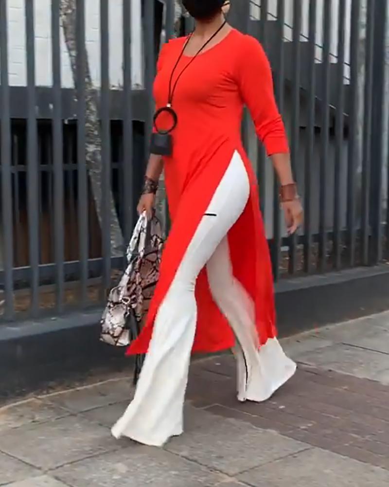 Casual Two Piece Set of Crew Neck Long Sleeve Slit Top & Pants