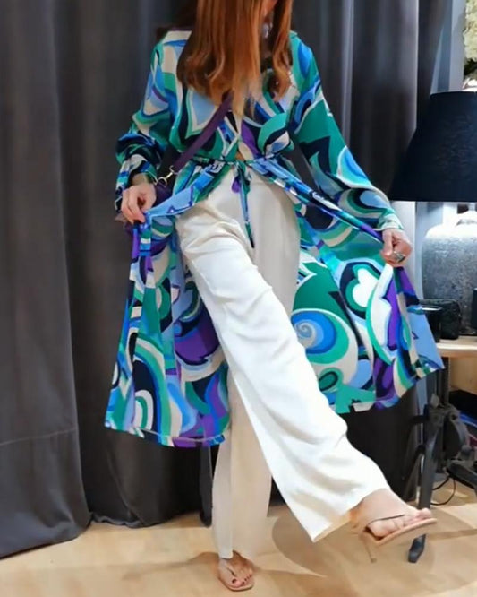 Contrast Print Long Shirt Straight Pants Set