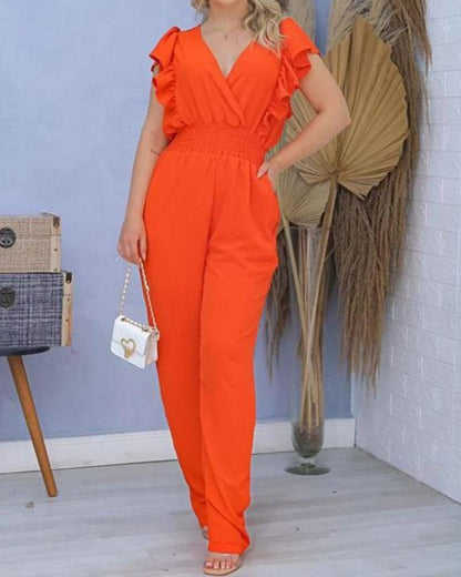 V-Neck Ruffle Sleeve High Waist Jumpsuit