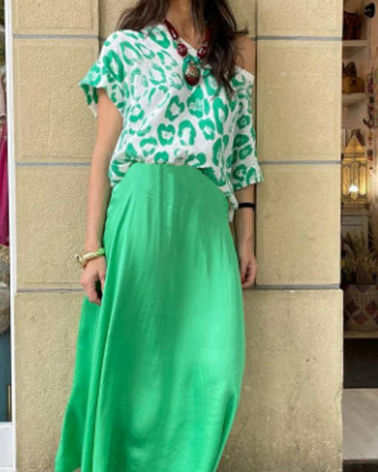 Green Printed Top Skirt Set