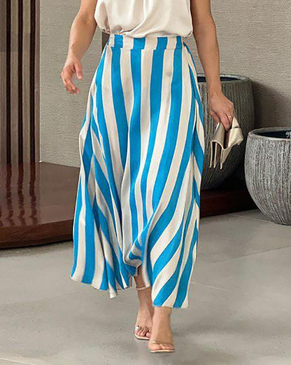 Fashion Solid Color Top & Casual Printed Skirt Two Piece Set