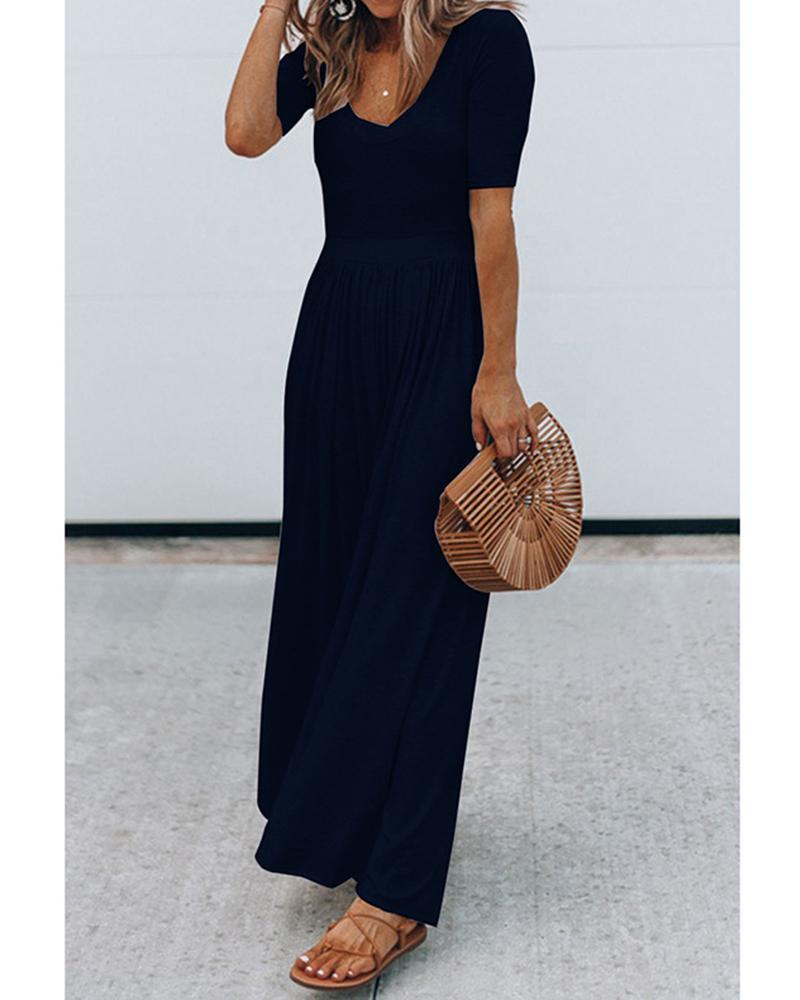 New Round Neck Short Sleeve Long Jumpsuit